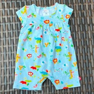 ZUTANO Infant 3mo Short Sleeve Romper Safari Zoo Animals Cotton Unisex Blue EUC